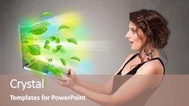  Presentation with recycle glass waste for recycling - Amazing slide set having tree eco green tech - casual young woman holding notebook backdrop and a  colored foreground