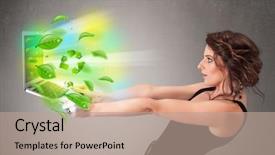  Presentation with lactation young woman breastfeeding - Presentation theme featuring tree eco green tech - casual young woman holding notebook background and a coral colored foreground