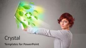  Presentation with environmental activities - Amazing PPT theme having tree eco green tech - casual young woman holding notebook backdrop and a light gray colored foreground