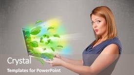  Presentation with tyre recycle - Presentation theme having tree eco green tech - casual young woman holding notebook background and a coral colored foreground