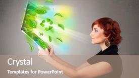  Presentation with green notebook - Cool new slides with tree eco green tech - casual young woman holding notebook backdrop and a coral colored foreground