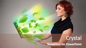  Presentation with notebook - PPT theme featuring tree eco green tech - casual young woman holding notebook background and a violet colored foreground
