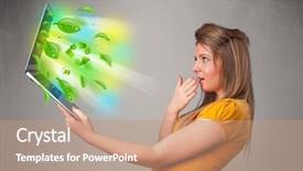  Presentation with agriculture and environmental health - Colorful PPT layouts enhanced with tree eco green tech - casual young woman holding notebook backdrop and a coral colored foreground