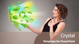  Presentation with green notebook - Colorful slides enhanced with tree eco green tech - casual young woman holding notebook backdrop and a coral colored foreground