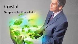  Presentation with recycle - Slide set having tree eco green tech - handsome businessman holding laptop background and a  colored foreground