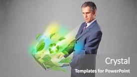  Presentation with recycle glass waste for recycling - Amazing PPT theme having tree eco green tech - handsome businessman holding laptop backdrop and a  colored foreground