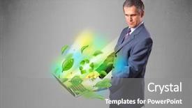  Presentation with recycle - Amazing slide deck having tree eco green tech - handsome businessman holding laptop backdrop and a  colored foreground