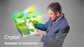  Presentation with recycle glass waste for recycling - Colorful slide set enhanced with tree eco green tech - handsome businessman holding laptop backdrop and a gray colored foreground