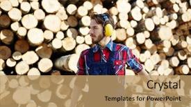  Presentation with headphones - PPT layouts with tree felling worker with headphones background and a coral colored foreground