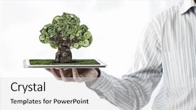  Presentation with green officebuilding man - Beautiful theme featuring tree growth professional development - man presenting green concept backdrop and a light gray colored foreground