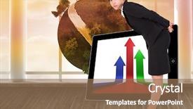  Presentation with digital earth abstract blue - Theme having tree growth professional development - serious businesswoman bending against digital background and a coral colored foreground