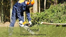  Presentation with chainsaw - Presentation featuring lumberjack logger worker in protective gear cutting firewood timber tree in forest with chainsaw background and a yellow colored foreground