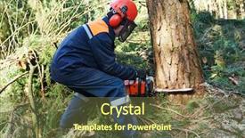  Presentation with chainsaw - Colorful slides enhanced with worker in protective gear cutting backdrop and a tawny brown colored foreground