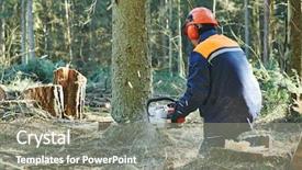  Presentation with chainsaw - Beautiful slide set featuring worker in protective gear cutting backdrop and a gray colored foreground