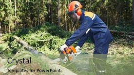  Presentation with chainsaw - Presentation theme featuring lumberjack logger worker in protective gear cutting firewood timber tree in forest with chainsaw background and a mint green colored foreground