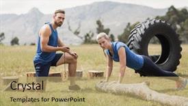  Presentation with boot camp - PPT theme featuring tree measurement - fit performing pushup exercise while background and a coral colored foreground