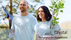  Presentation with charity - Audience pleasing PPT theme consisting of tree seedlings and rake walk backdrop and a light blue colored foreground