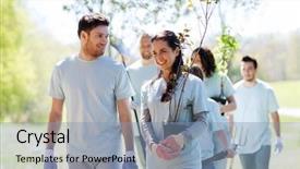  Presentation with group of people silhouettes walking - PPT theme having tree seedlings and rake walk background and a light blue colored foreground