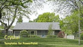  Presentation with lilac bush - Presentation design with tree-surrounded-gray-house background and a tawny brown colored foreground