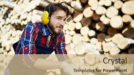  Presentation with big tree - PPT theme enhanced with tree worker in protective headphones background and a soft green colored foreground