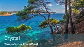  Presentation with blue mountain - Amazing presentation design having trees-on-the-slope backdrop and a ocean colored foreground