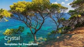  Presentation with blue mountain - Beautiful PPT theme featuring trees-on-the-slope backdrop and a ocean colored foreground