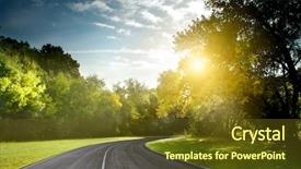  Presentation with forest road green - PPT layouts with trees sky green - asphalt road through the forest background and a tawny brown colored foreground