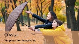  Presentation with bright yellow - Cool new presentation theme with two girls with umbrella posing in autumn park bright yellow leaves and trees they imitate the wind backdrop and a coral colored foreground