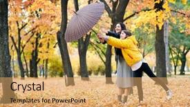  Presentation with bright yellow - Theme consisting of two girls with umbrella posing in autumn park bright yellow leaves and trees they imitate the wind background and a yellow colored foreground