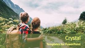  Presentation with mother child - Colorful presentation enhanced with trek - hikers with backpack looking backdrop and a tawny brown colored foreground