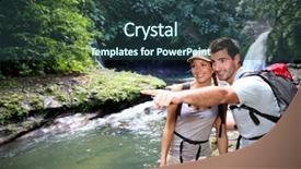  Presentation with mountains fantasy abstract nature landscape - Amazing PPT theme having trekkers-reaching-waterfall-in-natural backdrop and a ocean colored foreground