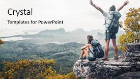  Presentation with mountain top - Amazing slides having trekking - hikers relaxing on top backdrop and a white colored foreground