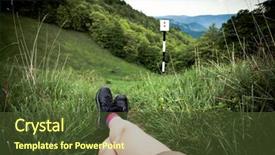  Presentation with trekking - Audience pleasing presentation theme consisting of trekking break - woman's legs resting in green field above summer forest - focus on hiking boots backdrop and a tawny brown colored foreground