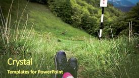  Presentation with trekking - Beautiful presentation theme featuring trekking break - woman's legs resting in green field above summer forest - focus on hiking boots backdrop and a tawny brown colored foreground