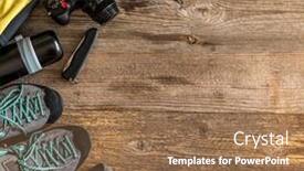 Presentation with trekking - Amazing theme having trekking-equipment-on-wooden-background backdrop and a coral colored foreground