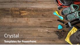  Presentation with trekking - Cool new slide set with trekking-equipment-on-wooden-background backdrop and a violet colored foreground