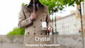  Presentation with under umbrella - Amazing presentation design having trench coat - businessman under umbrella carrying drink backdrop and a coral colored foreground