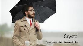  Presentation with walk - Slide deck with trench coat - elegant man with black umbrella background and a coral colored foreground