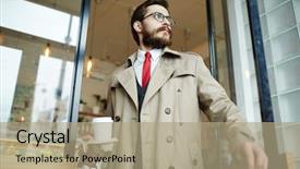  Presentation with well - Slide deck enhanced with trench coat - well-dressed bearded man with glass background and a  colored foreground