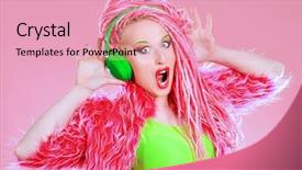  Presentation with fashion show - Slides having trendy dj party girl in bright clothes headphones and with bright pink dreadlocks disco party show business bright fashion background and a lemonade colored foreground