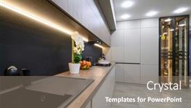  Presentation with kitchen furniture - PPT theme with trendy-grey-modern-kitchen-interior background and a gray colored foreground