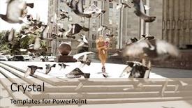  Presentation with doves - Presentation design consisting of trendy modern mother on a city street with a pram young mother walks with a child in the city beautiful young woman with a child in a baby carriage doves flying up in the town square background and a coral colored foreground