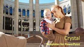  Presentation with woman child - Slide set with trendy modern mother on a city street with a pram young mother walks with a child in the city beautiful young woman with a child in a baby carriage background and a tawny brown colored foreground
