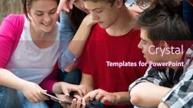  Presentation with teenagers - PPT theme with trendy teenagers using tablet computer outside background and a wine colored foreground