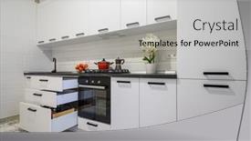  Presentation with kitchen furniture - Presentation theme consisting of trendy-white-modern-kitchen-interior background and a light gray colored foreground
