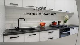  Presentation with kitchen furniture - PPT theme featuring trendy-white-modern-kitchen-interior background and a light gray colored foreground