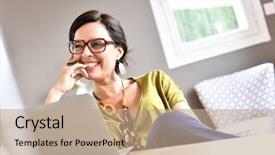  Presentation with home is where the heart is - Presentation theme enhanced with trendy woman working on laptop background and a coral colored foreground