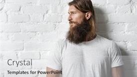 Presentation with white brick wall - PPT theme enhanced with trendy young bearded man in casual clothes standing against white brick wall - copyspace all background and a white colored foreground