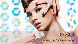  Presentation with customer service face of pretty - Presentation theme enhanced with trendy young woman with hand background and a coral colored foreground