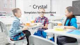  Presentation with talk - Beautiful slide deck featuring tres - three friendly schoolmates having talk backdrop and a light gray colored foreground